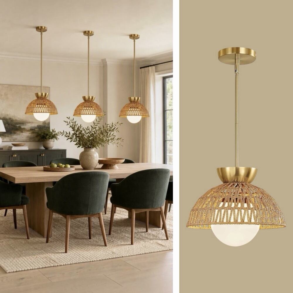 NEW West Elm Gold & Rattan Glass Globe Woven Hanging Boho Pendant Light Fixture